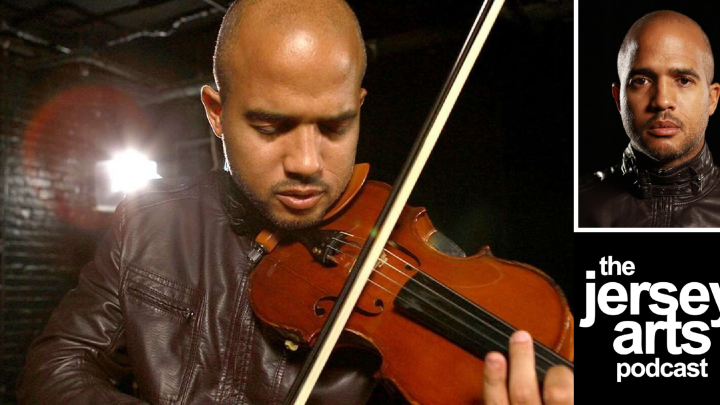 Daniel Bernard Roumain playing the violin next to his headshot