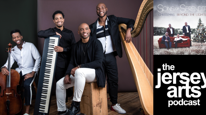 Sons of Serendip group image alongside their album cover and JerseyArts Podcast logo
