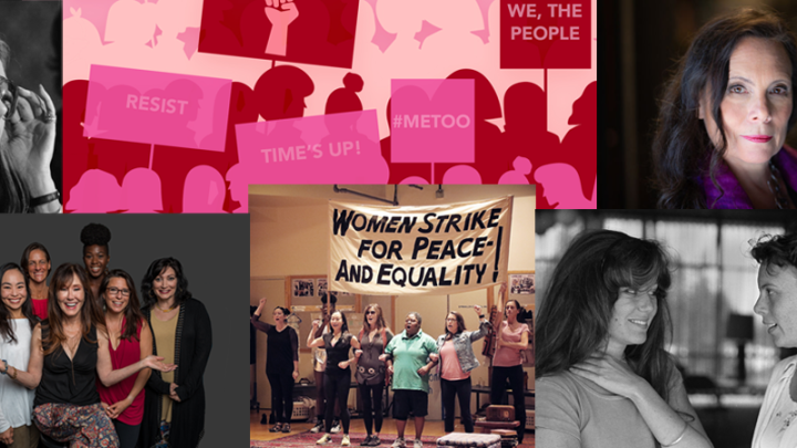 Protests advocating equality for women alongside photos of women