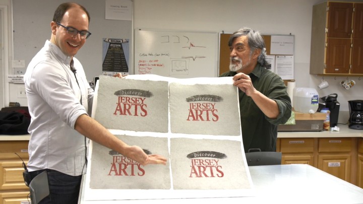 JerseyArts header featuring paper art with the old Discover Jersey Arts logo