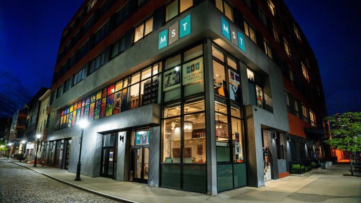 Outside of MST theater at 1400 Clinton Street, Hoboken, at night