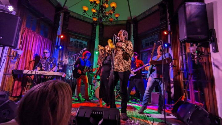 A band performing live on stage at the Lizzie Rose Music Room