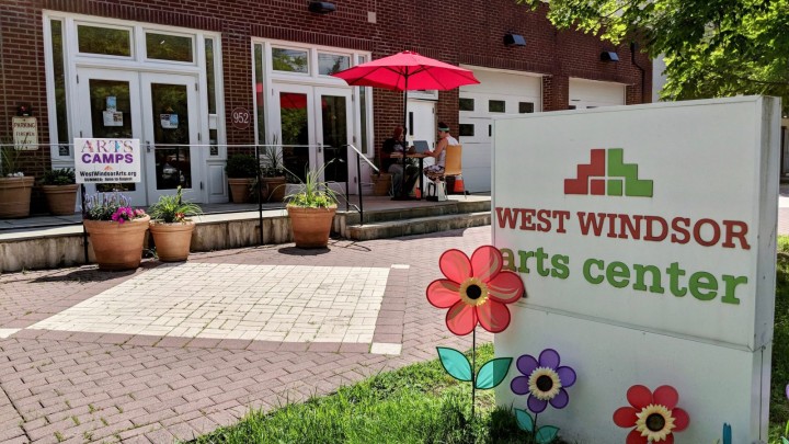 West Windsor Arts Center exterior: red brick building with a white sign that reads "West Windsor Arts Center".